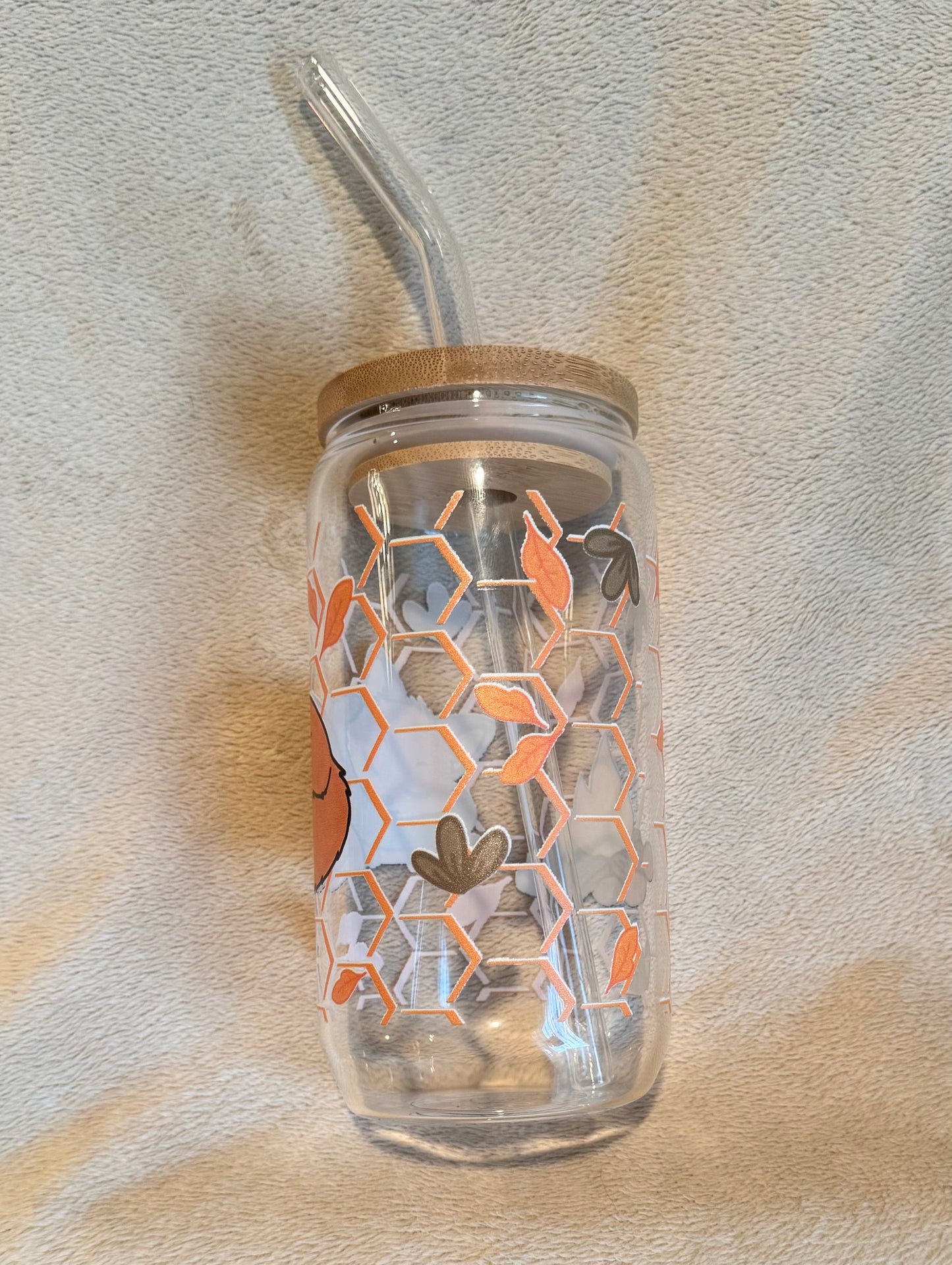 Woodland Fox Glass Cup | Bamboo Lid & Glass Straw | 16oz
