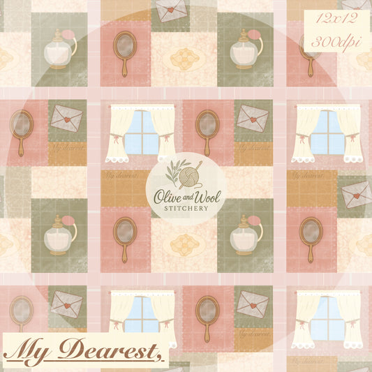My Dearest, Seamless Quilt Pattern- Hand Drawn Vintage Valentine
