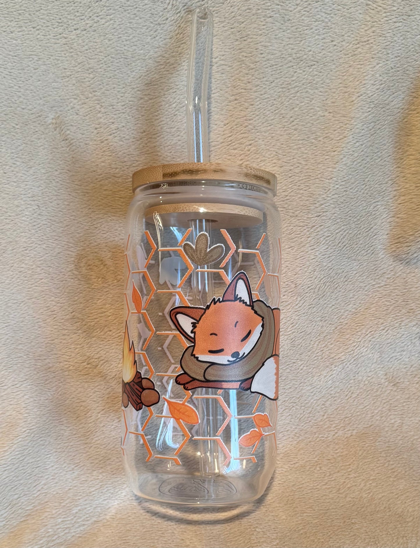 Woodland Fox Glass Cup | Bamboo Lid & Glass Straw | 16oz